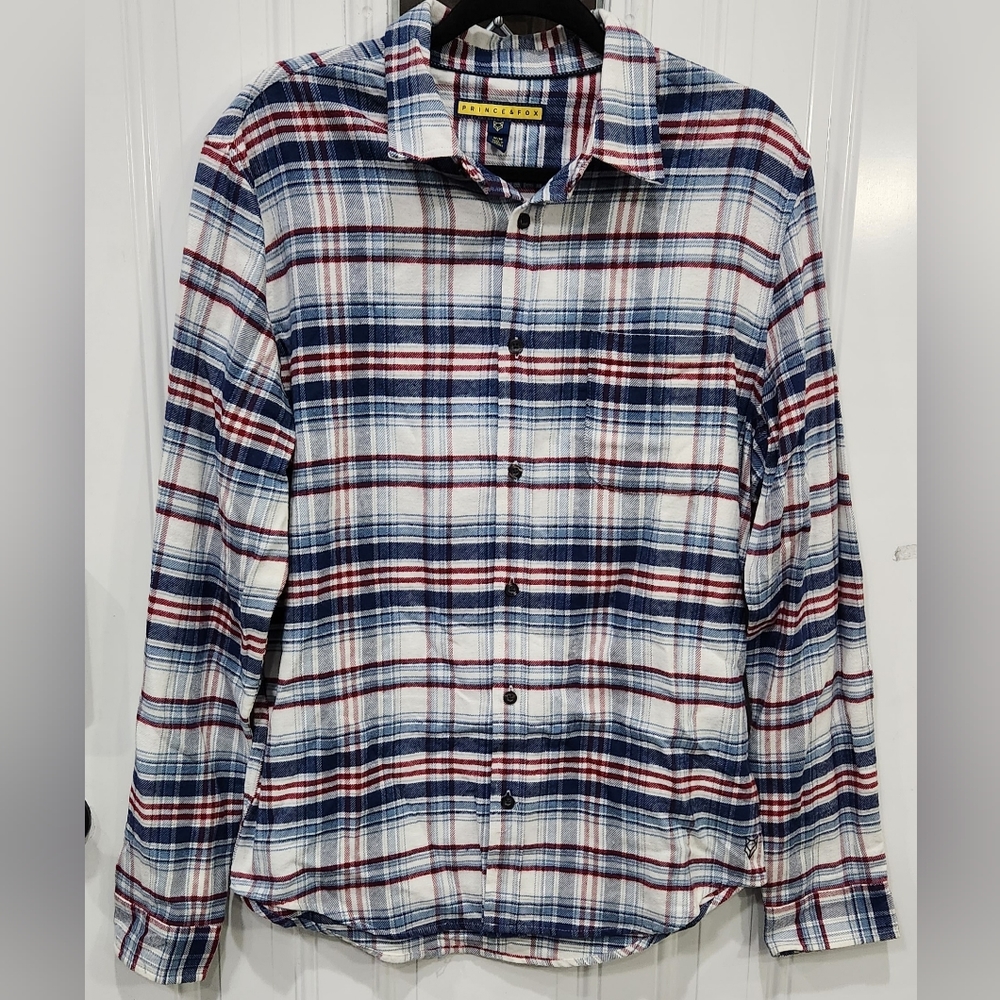 Prince & Fox red white and blue plaid flannel shirt men's size Medium
